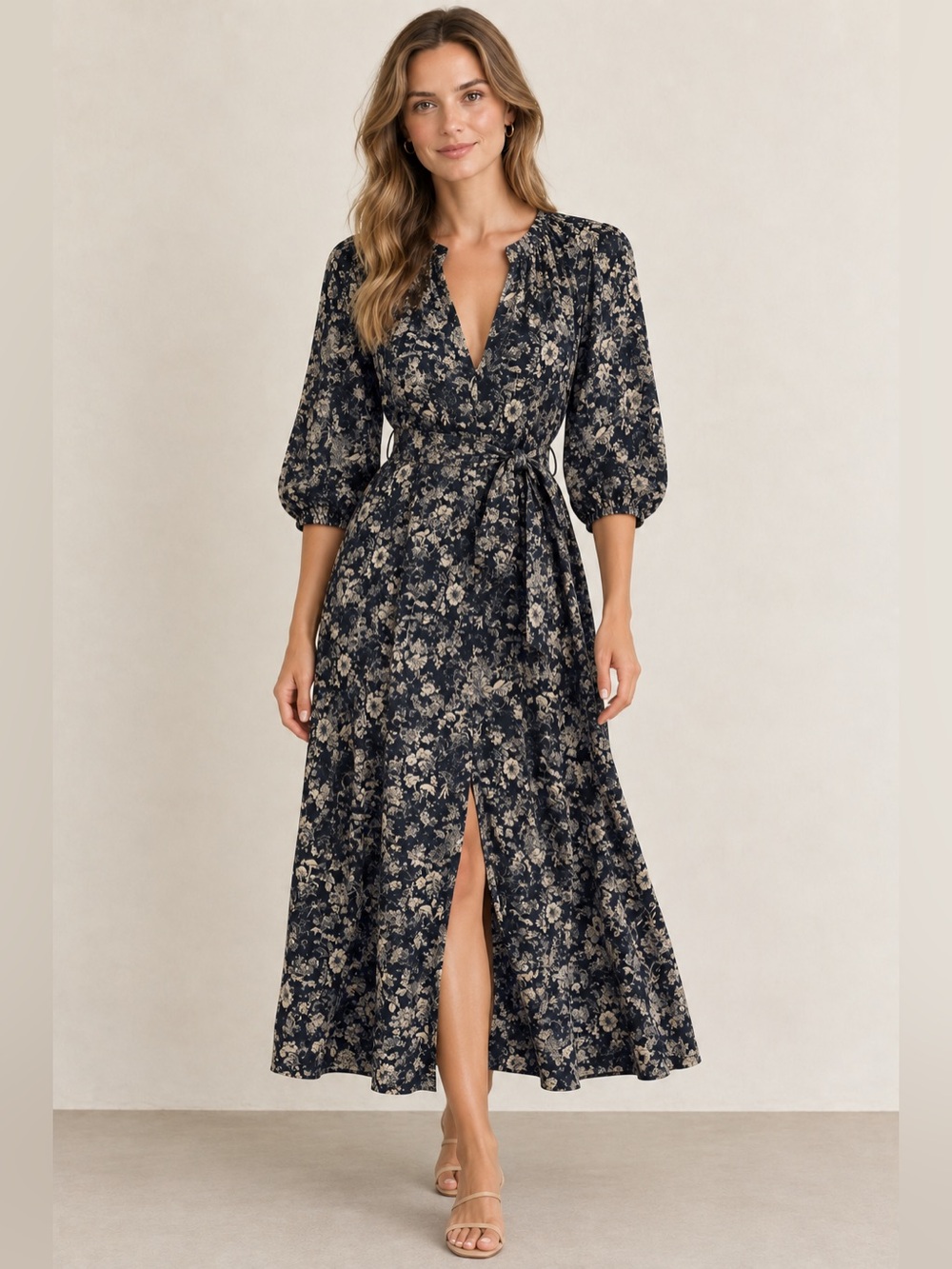 SOEUR Floral Navy and gold Silk Midi Dress
Size: FR 38